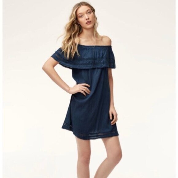 Wilfred Aritzia Emmie Mini Dress Lace Off the Shoulder Eyelet Blue Size 2XS - Picture 1 of 16